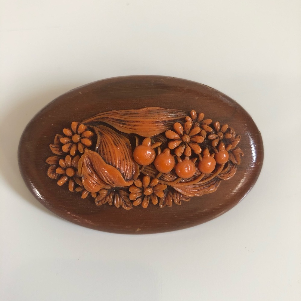 Art Deco Bouquet Thermoset Celluloid Carved Wood Oval Hand Made Brooch Pin